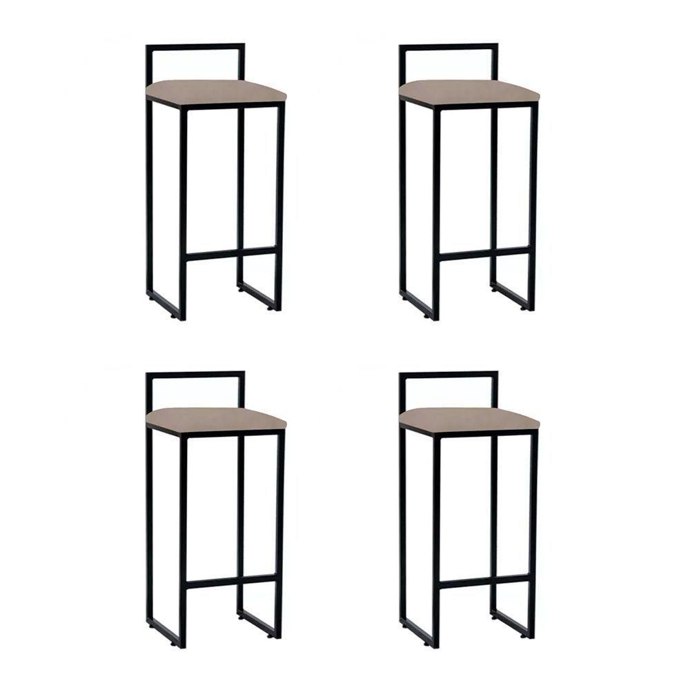 Kit 4 Banquetas Altas Industriais Em Aço Dori Preto Assento Suede Bege - Cor: Bege - 1
