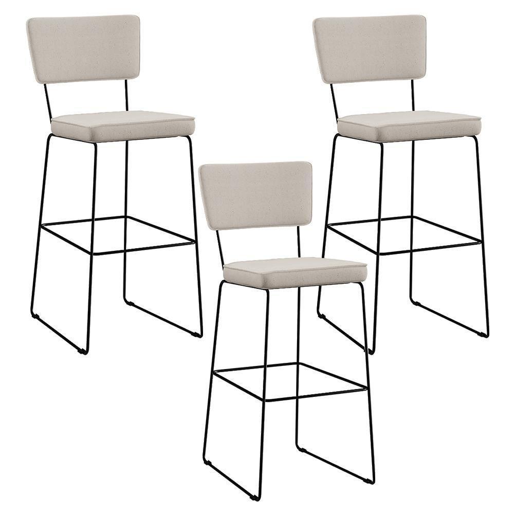 Kit 03 Banquetas Alta Base Em Aço Fixa Linho Cru - 1