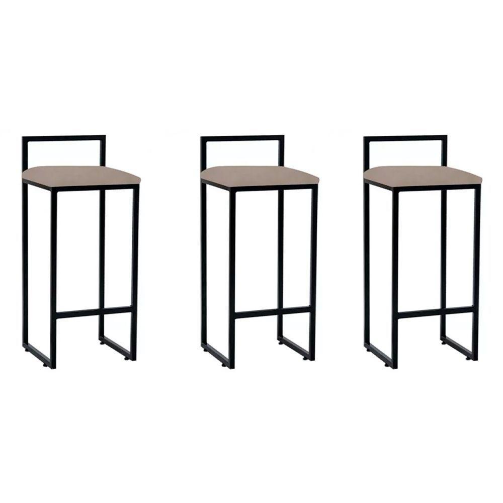 Kit 3 Banquetas Altas Industriais Em Aço Dori Preto Assento Suede Bege - Cor: Bege - 1