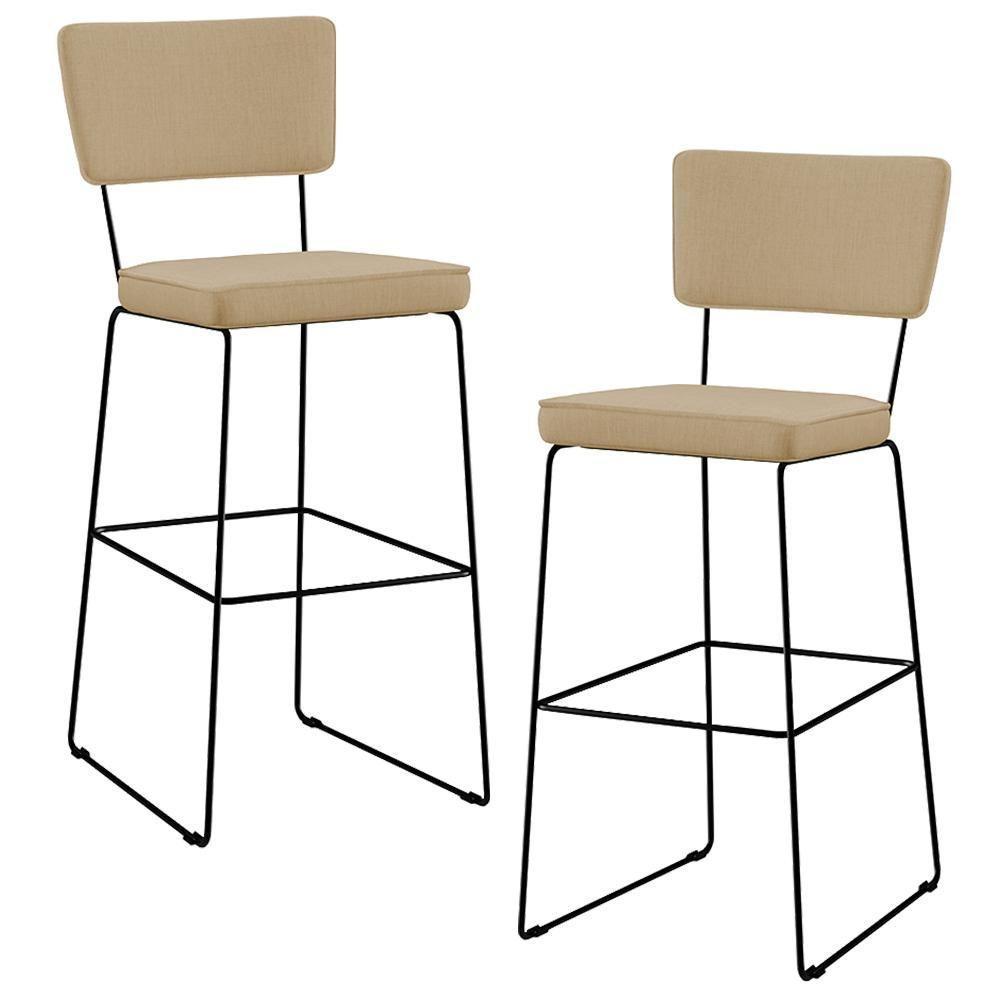 Kit 02 Banquetas Alta Base Aço Fixa Linho Bege Escuro - 1