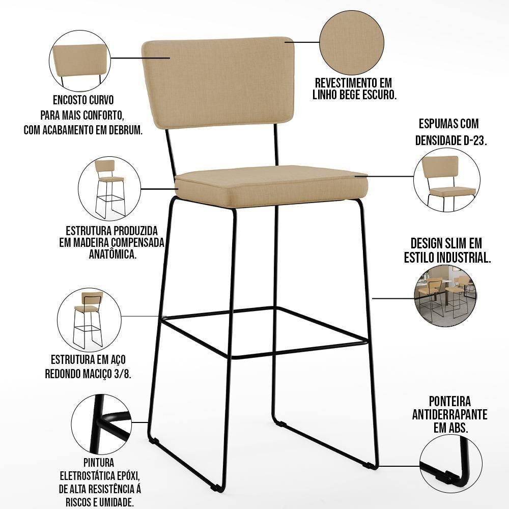 Kit 02 Banquetas Alta Base Aço Fixa Linho Bege Escuro - 7