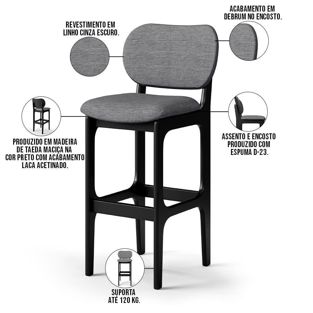 Kit 6 Banquetas Alta Betta Preto Linho Cinza Escuro - 6