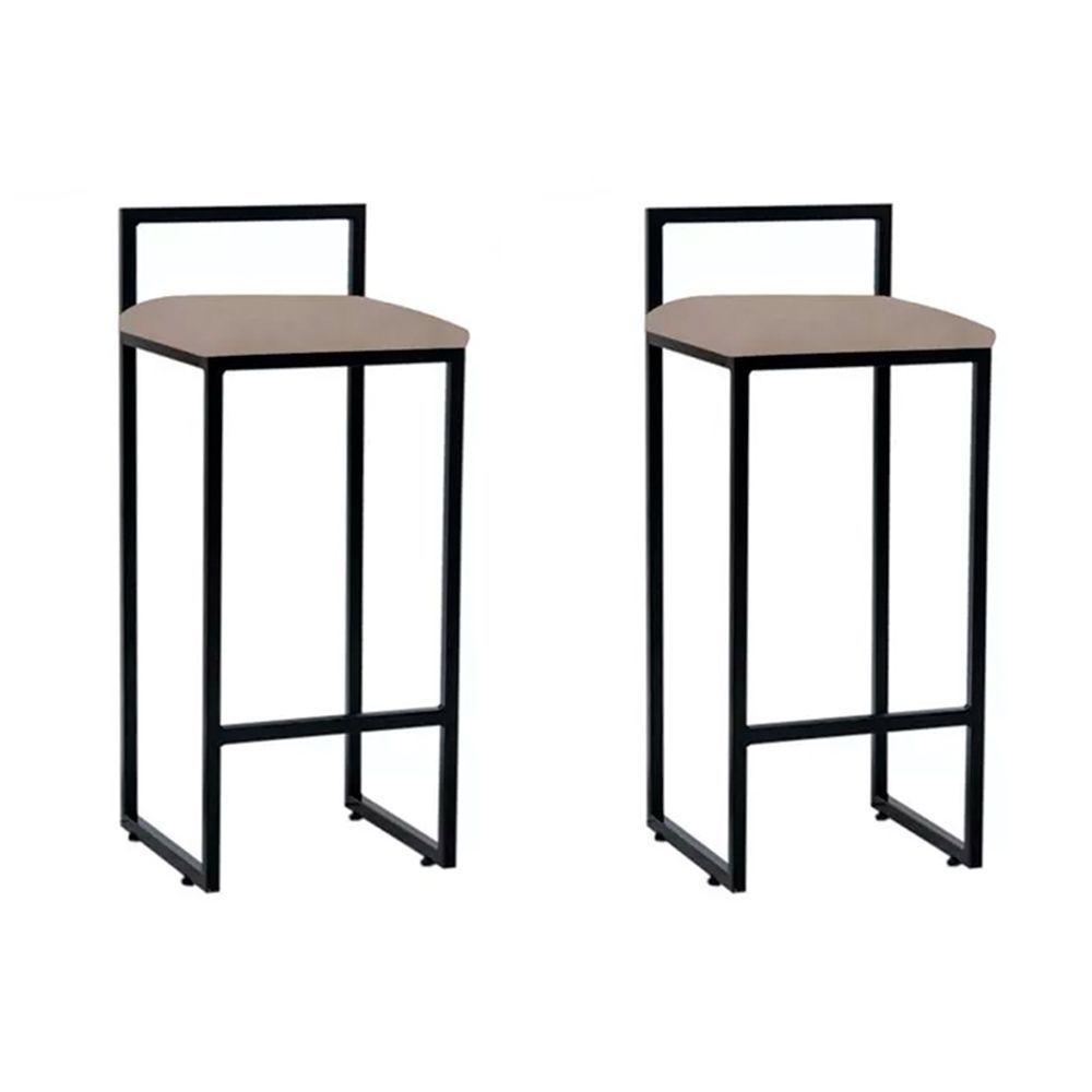 Kit 2 Banquetas Altas Industriais Em Aço Dori Preto Assento Suede Bege - Cor: Bege - 1