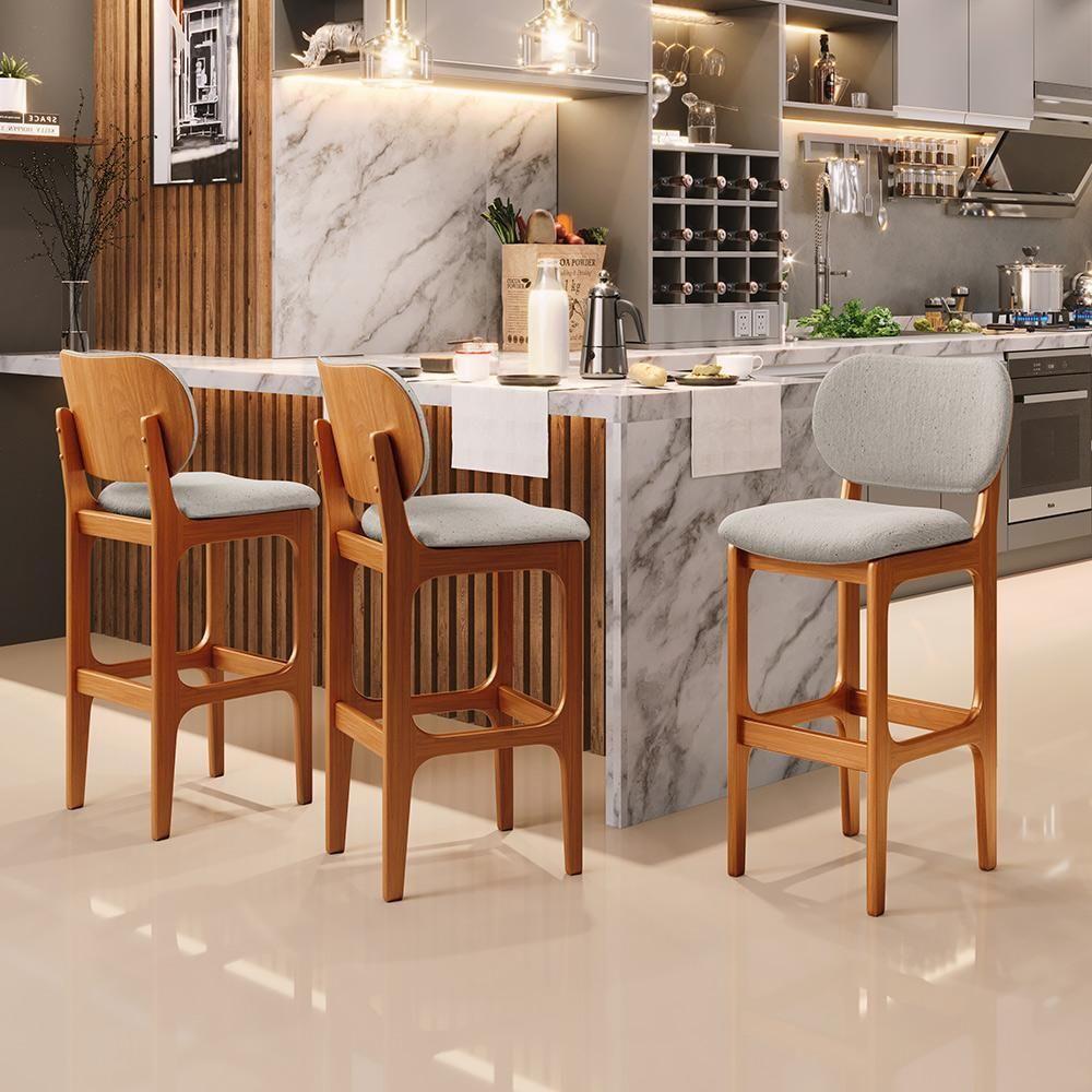 Kit 6 Banquetas Alta Betta Imbuia Linho Bege - 5