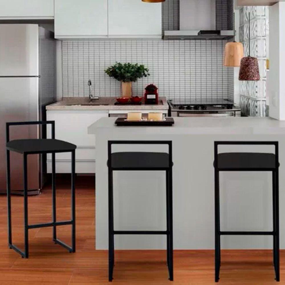 Banqueta Industrial Premium Bar Cozinha Bistrô Aço Dori Preta Assento Suede Preto - Cor: Preto - 3
