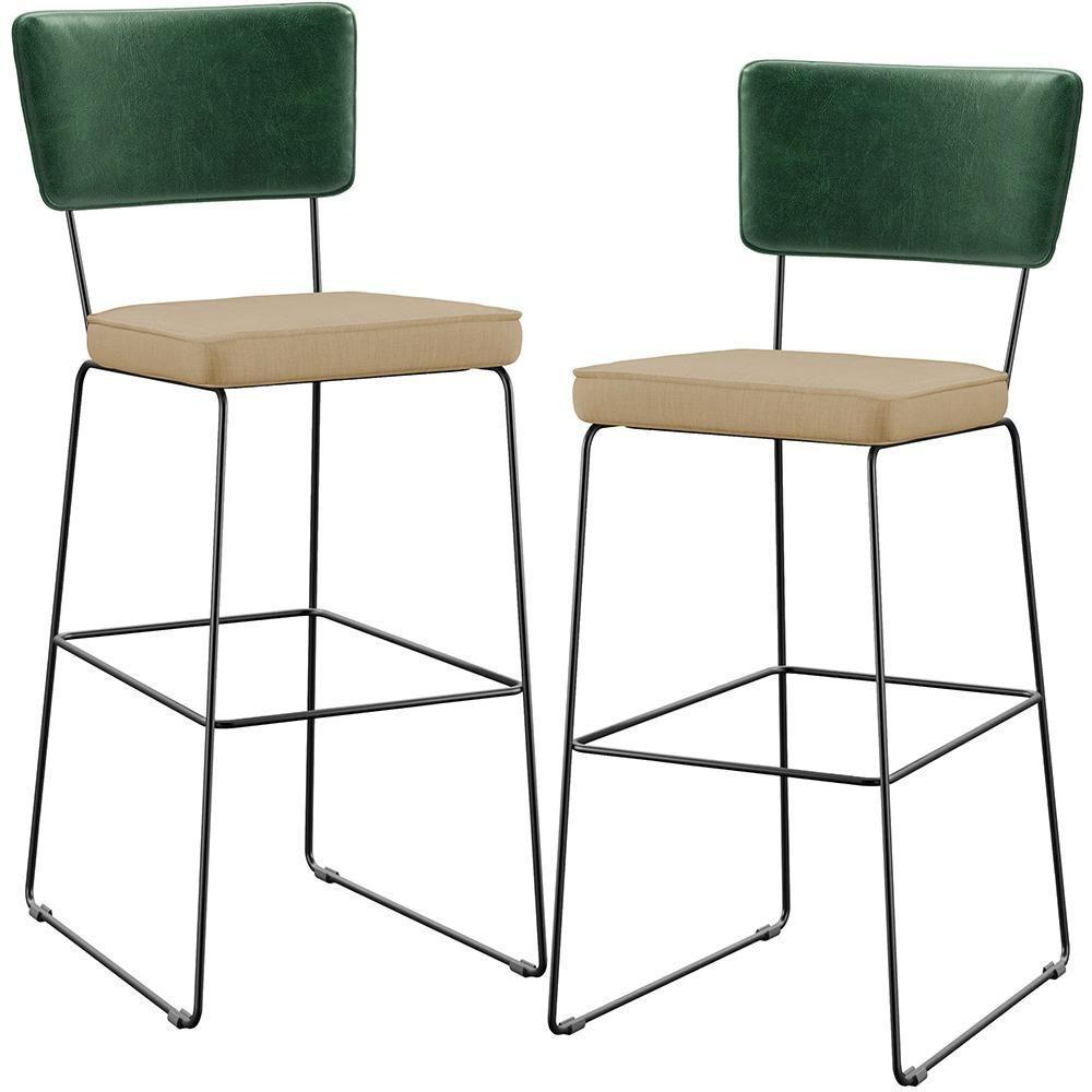 Kit 02 Banquetas Altas Facto Verde Musgo Linho Bege Escuro - 1