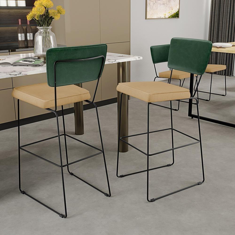 Kit 02 Banquetas Altas Facto Verde Musgo Linho Bege Escuro - 9