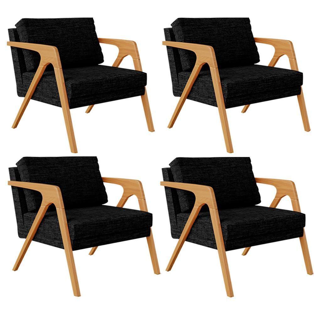 Kit 04 Poltronas Estrutura De Madeira L02 Linho Chumbo - 1