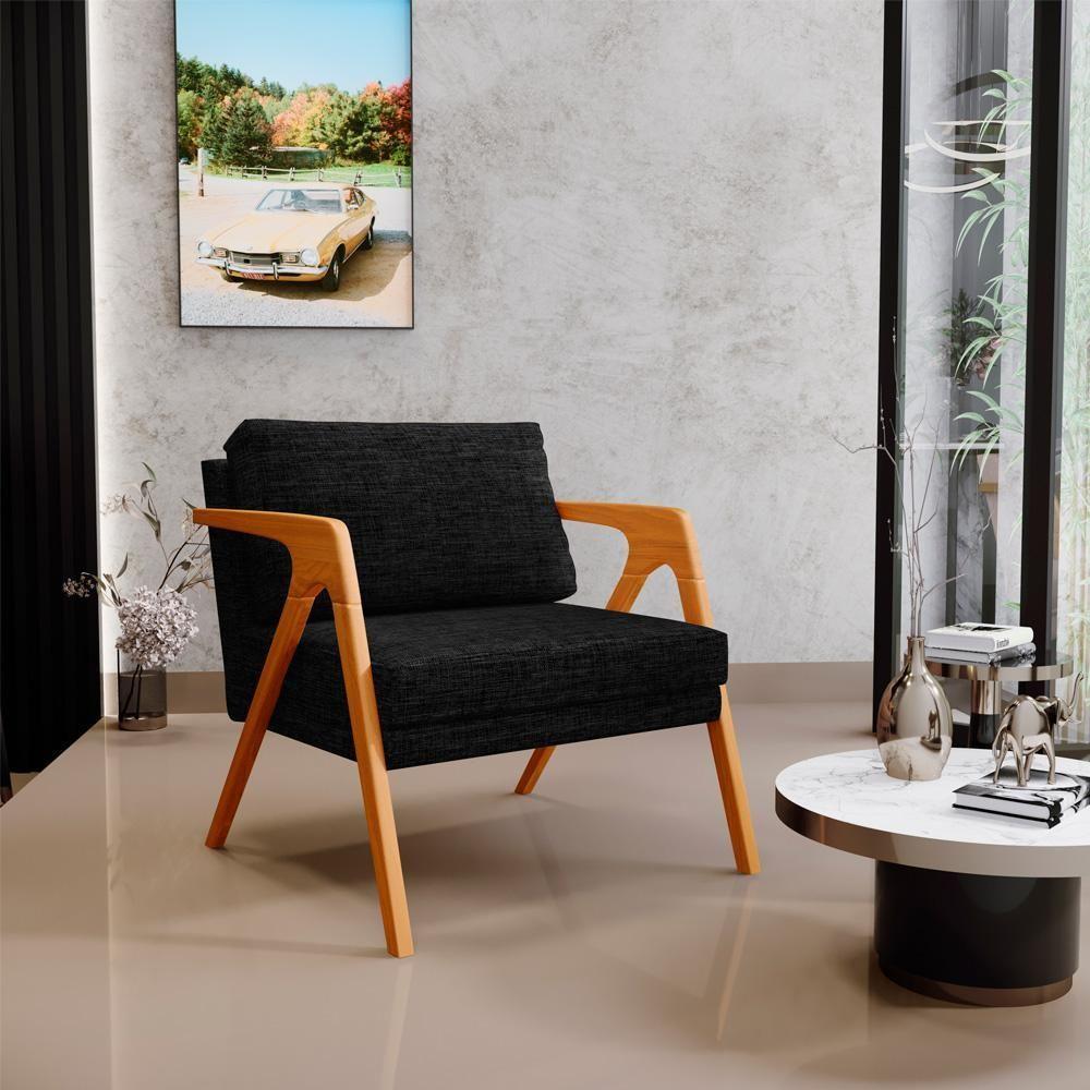 Kit 04 Poltronas Estrutura De Madeira L02 Linho Chumbo - 8