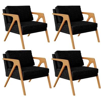 Kit 04 Poltronas Decorativas Pietra Estrutura Madeira Linho Cinza Lyam Decor