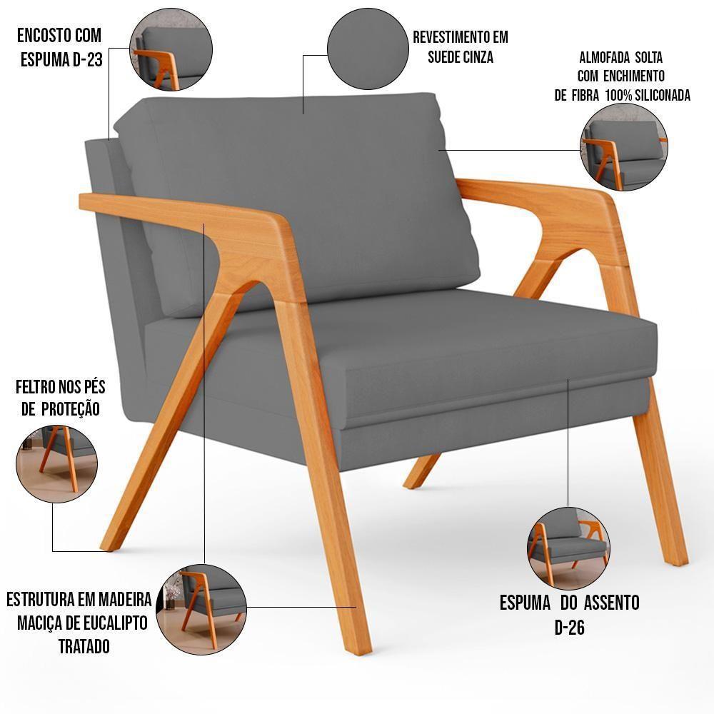 Kit 04 Poltronas Estrutura De Madeira L02 Suede Cinza - 6