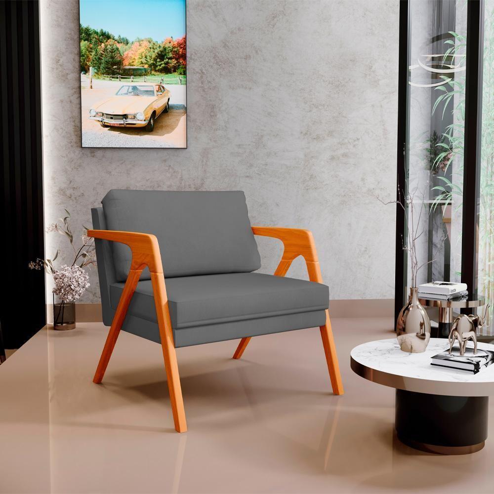 Kit 04 Poltronas Estrutura De Madeira L02 Suede Cinza - 8