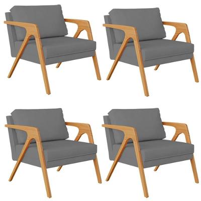 Kit 04 Poltronas Estrutura De Madeira L02 Suede Cinza