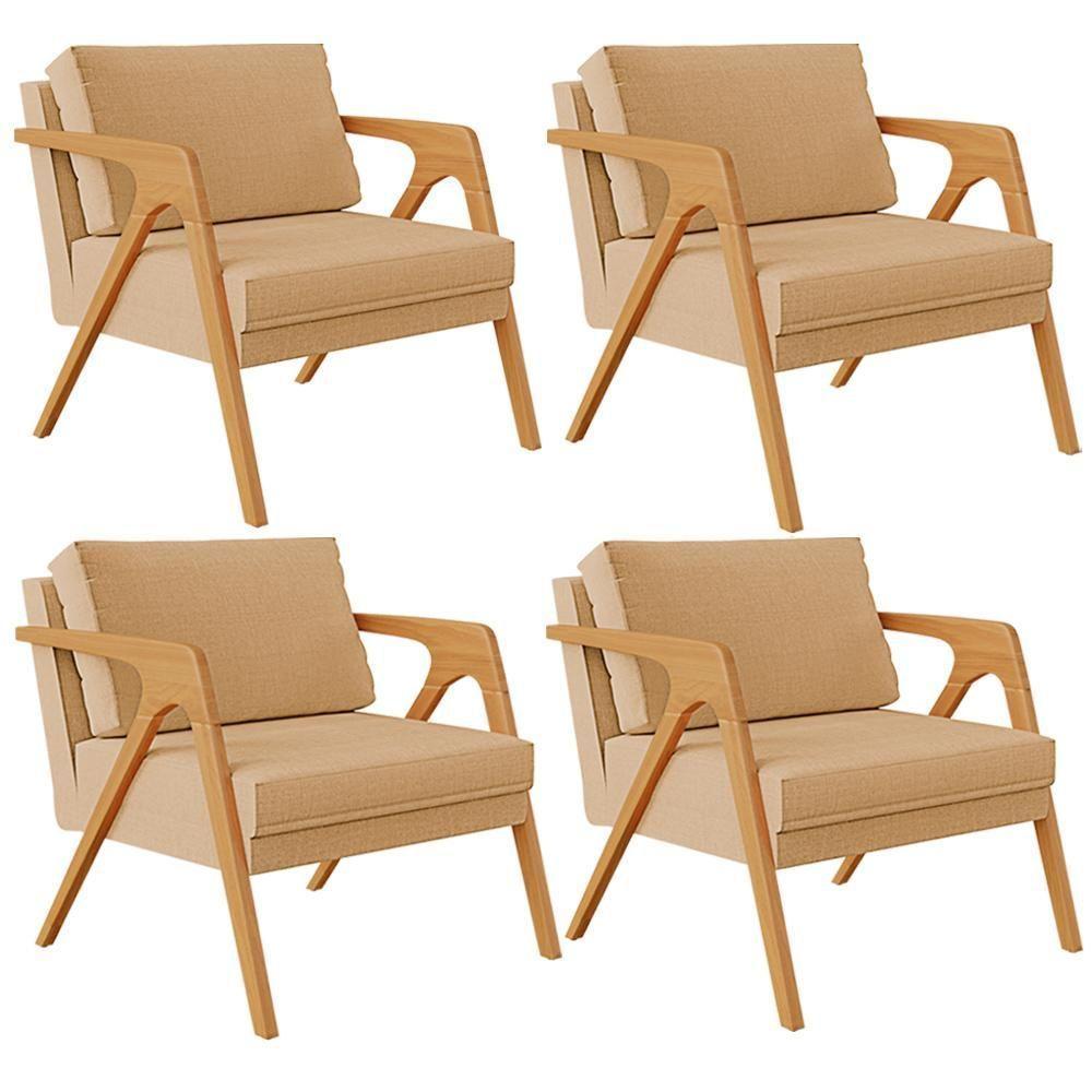 Kit 04 Poltronas Pietra Estrutura L02 Linho Bege Escuro - 1