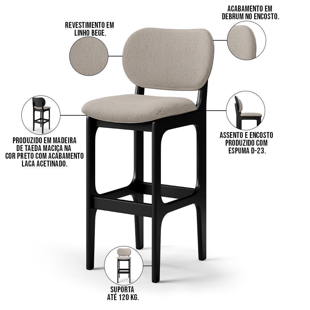 Kit 6 Banquetas Alta Bar Cozinha Betta L02 Preto Linho Bege - 6
