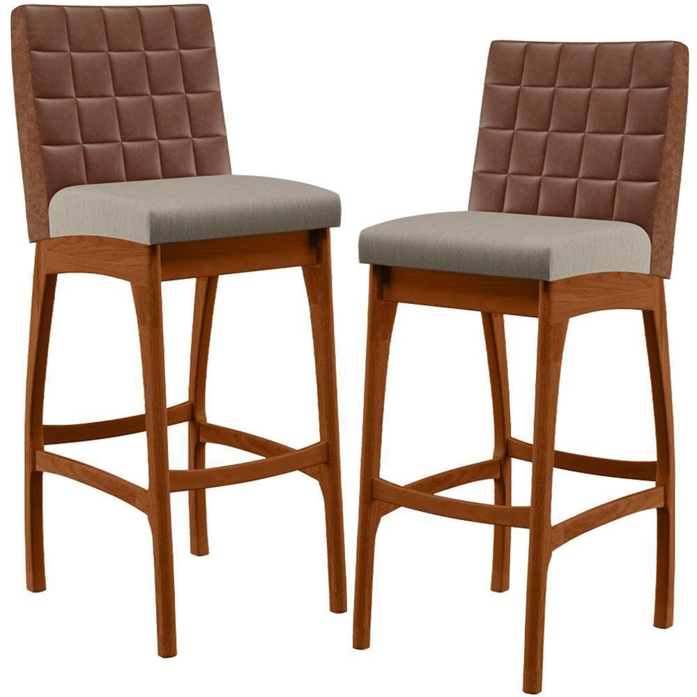 Kit 02 Banquetas Altas Mila Marrom Linho Bege - 1