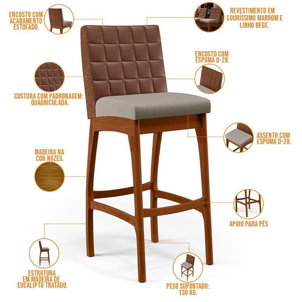 Kit 02 Banquetas Altas Mila Marrom Linho Bege - 7