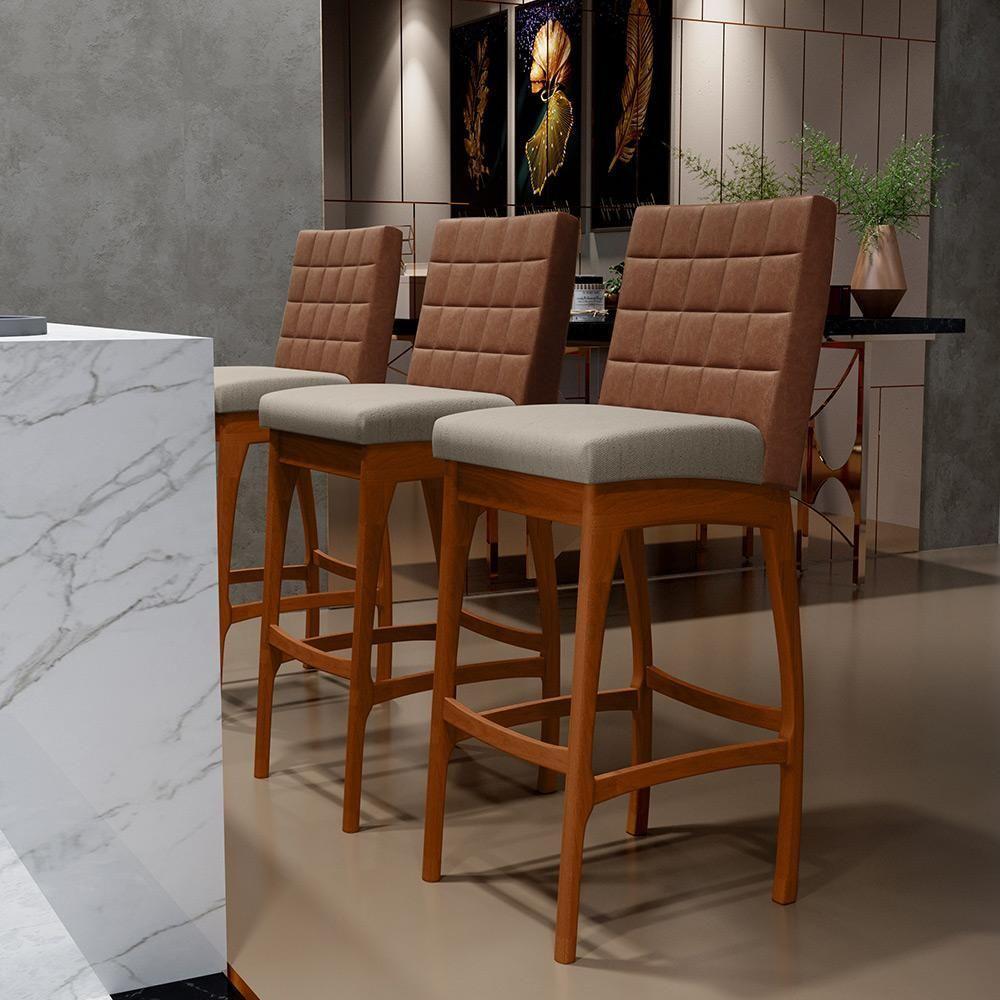 Kit 02 Banquetas Altas Mila Marrom Linho Bege - 9