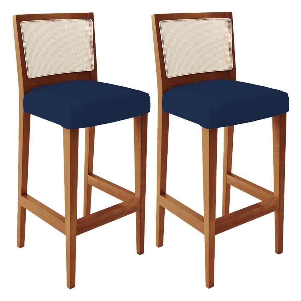 Kit 02 Banquetas Alta Branco Suede Azul Marinho - 1