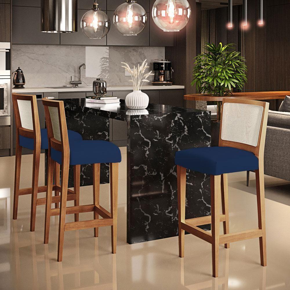 Kit 02 Banquetas Alta Branco Suede Azul Marinho - 8