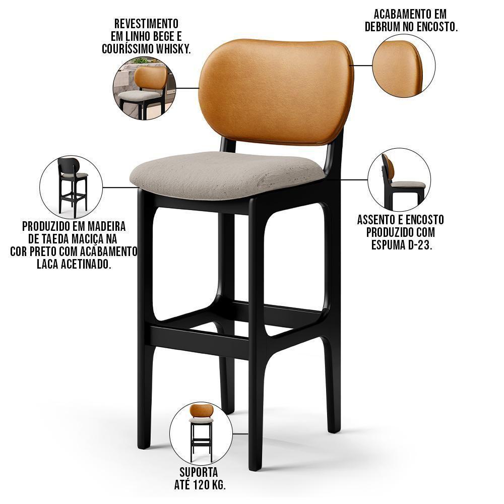Kit 2 Banquetas Alta Betta Preto Whisky Linho Bege - 7