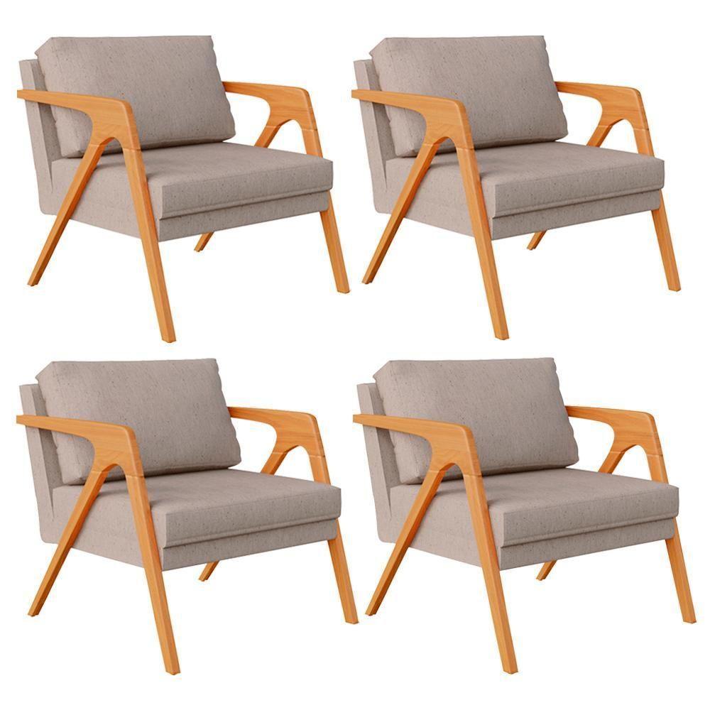 Kit 04 Poltronas Estrutura De Madeira L02 Linho Bege - 1