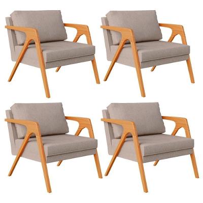 Kit 4 Poltronas Decorativas Pietra Estrutura Madeira Linho Bege Lyam Decor
