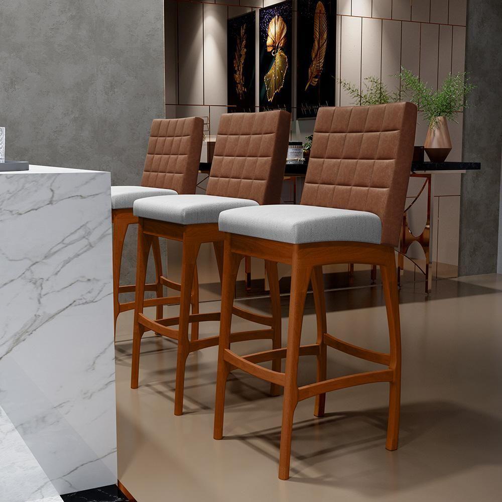 Kit 02 Banquetas Altas Mila Marrom Linho Cinza - 9