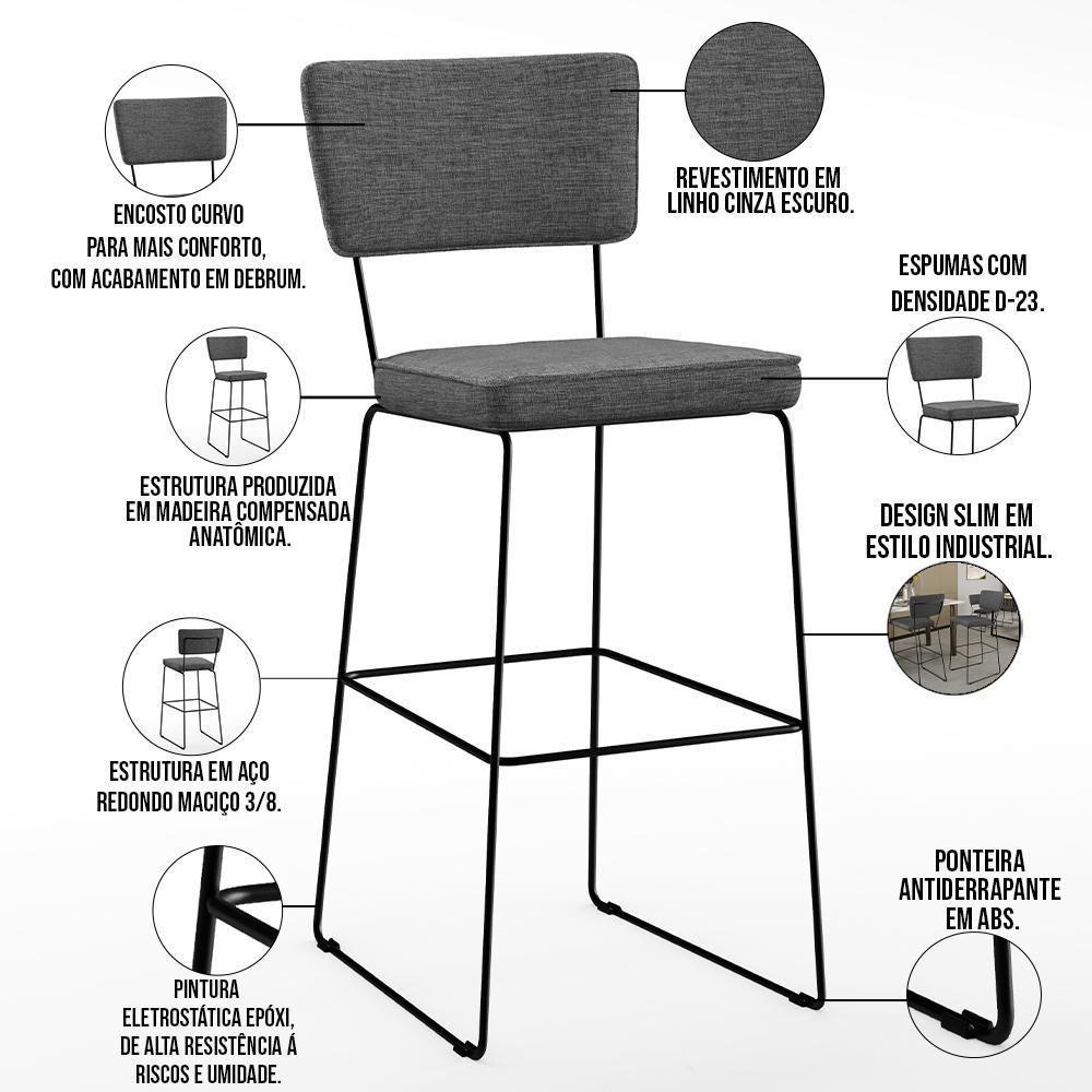 Kit 04 Banquetas Alta Linho Cinza Escuro - 7
