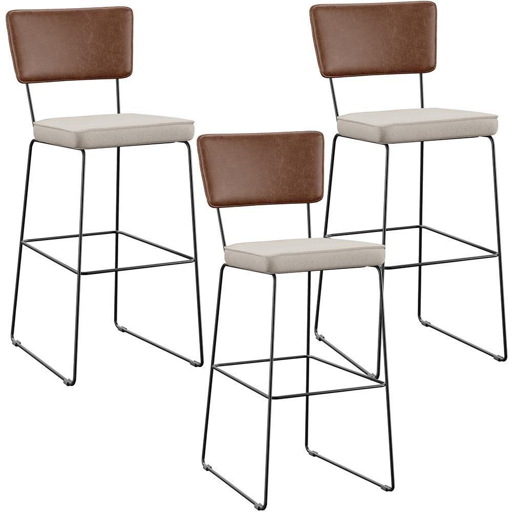 Kit 03 Banqueta Alta Cozinha Allana L02 Marrom Linho Cru - 1