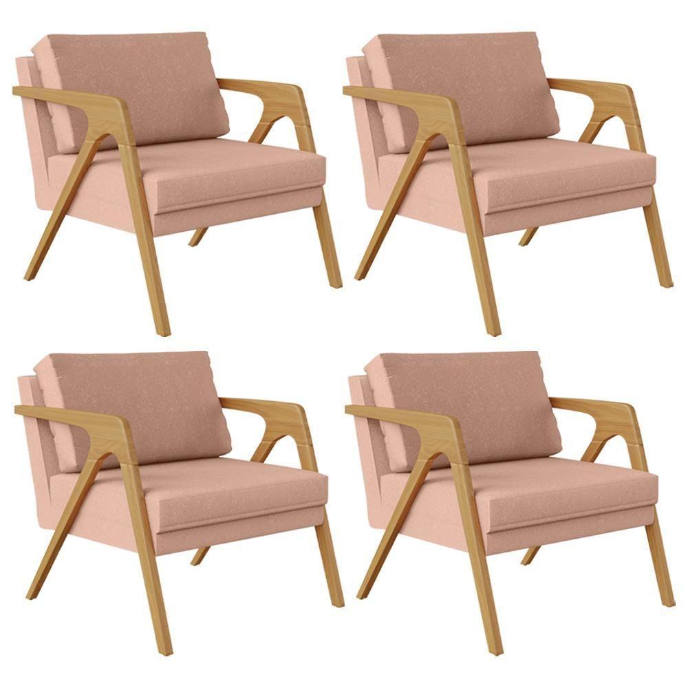 Kit 04 Poltronas Estrutura De Madeira L02 Linho Rosê - 1