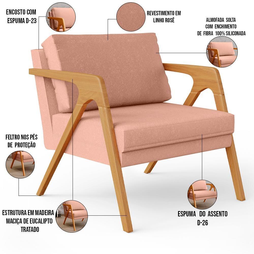 Kit 04 Poltronas Estrutura De Madeira L02 Linho Rosê - 6