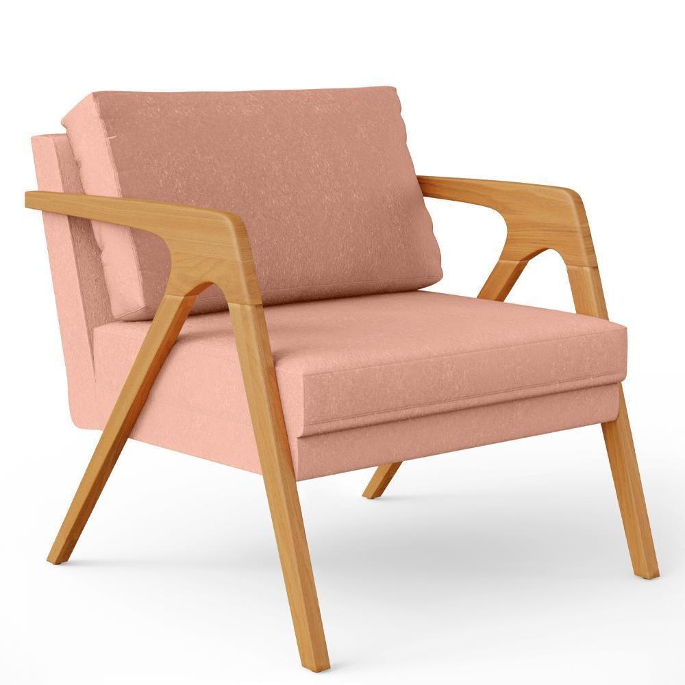 Kit 04 Poltronas Estrutura De Madeira L02 Linho Rosê - 7