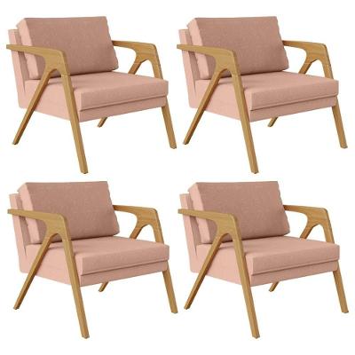 Kit 04 Poltronas Estrutura De Madeira L02 Linho Rosê