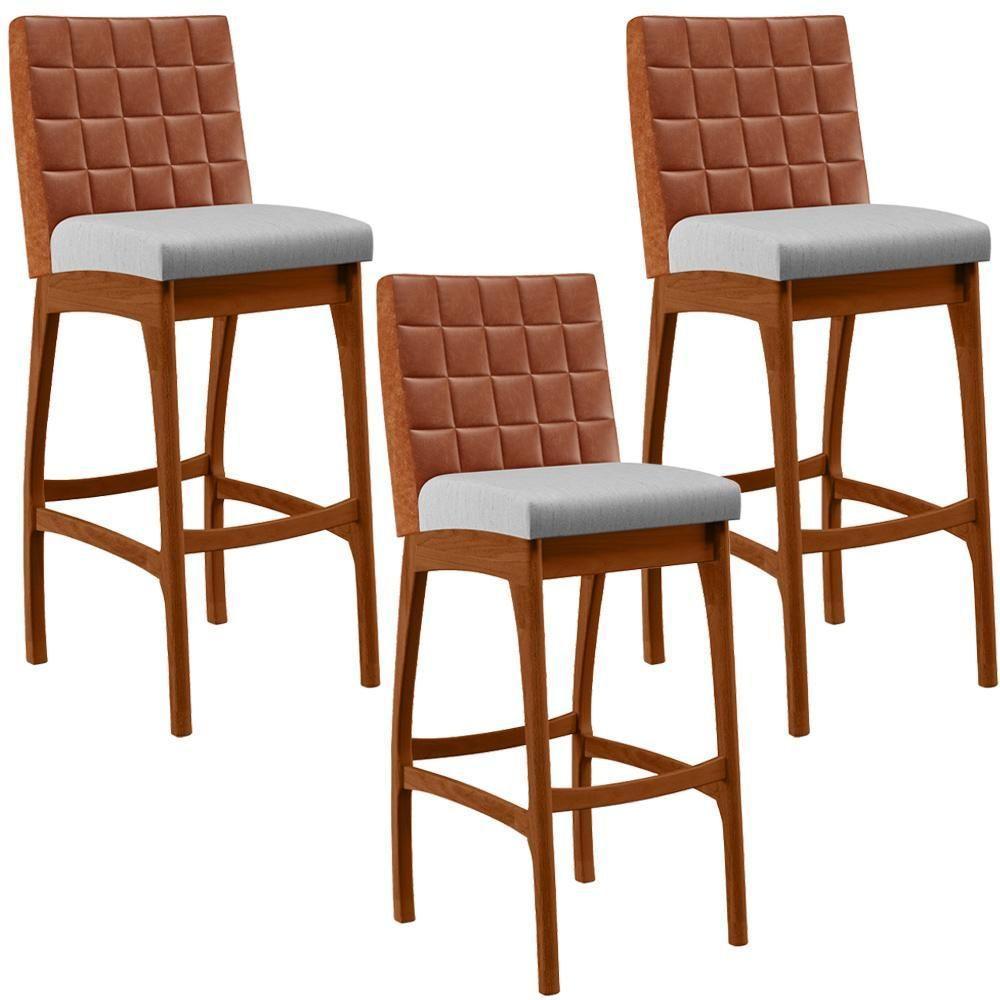 Kit 03 Banquetas Altas Mila Camel Linho Cinza - 1