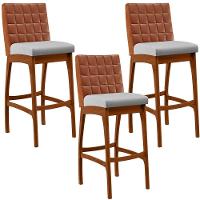 Kit 03 Banquetas Altas Mila Camel Linho Cinza - 1