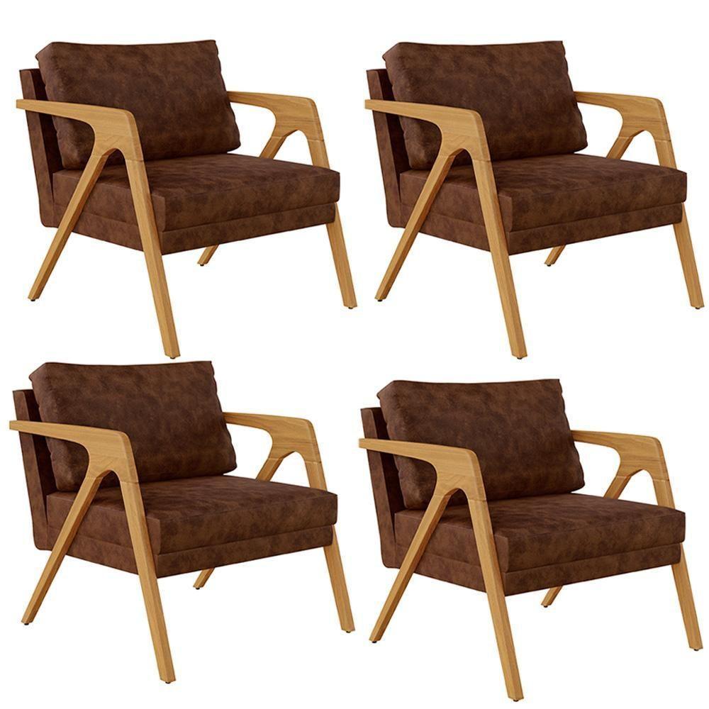 Kit 04 Poltronas Com Estrutura Madeira L02 Marrom - 1