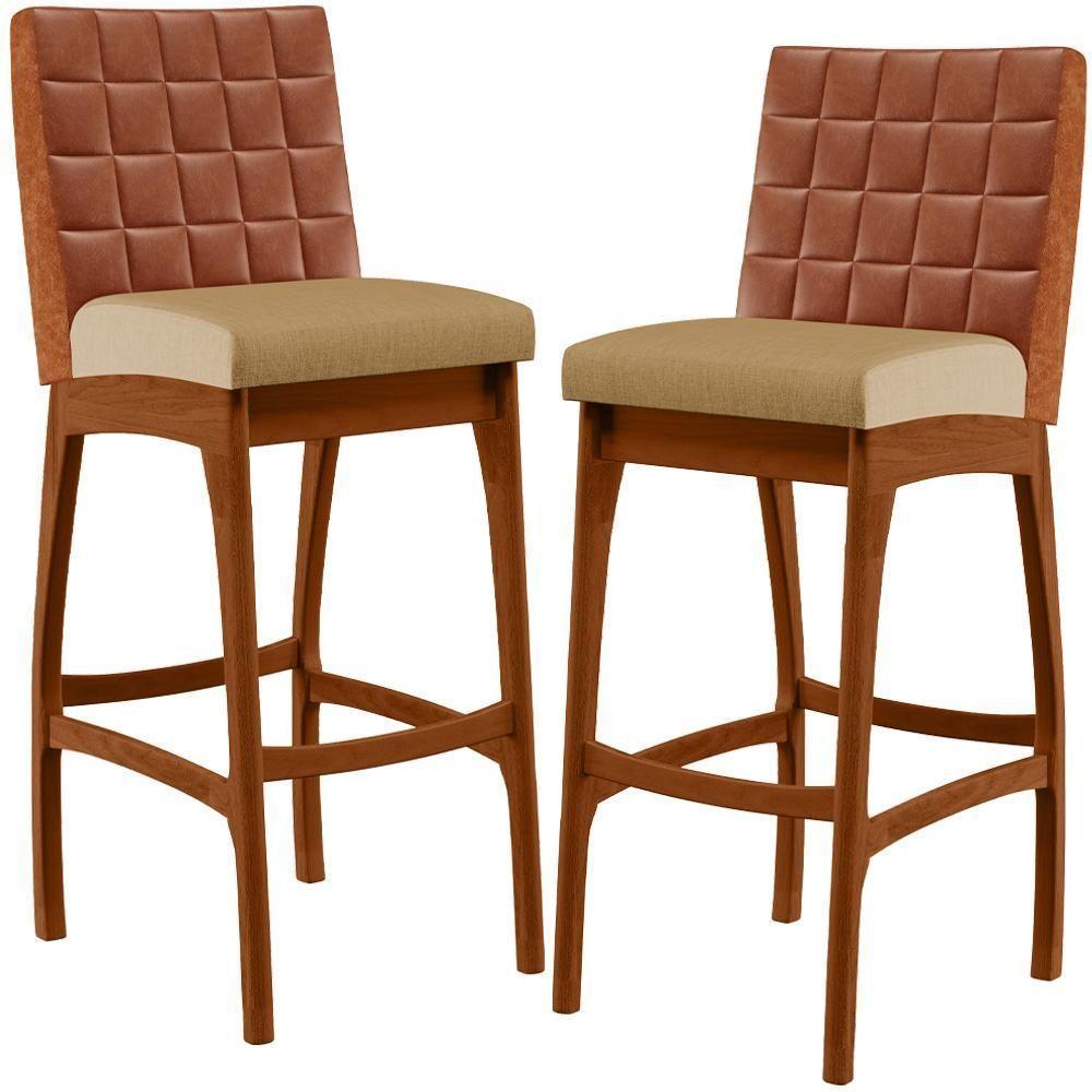 Kit 02 Banquetas Altas Mila Camel Linho Bege Escuro - 1