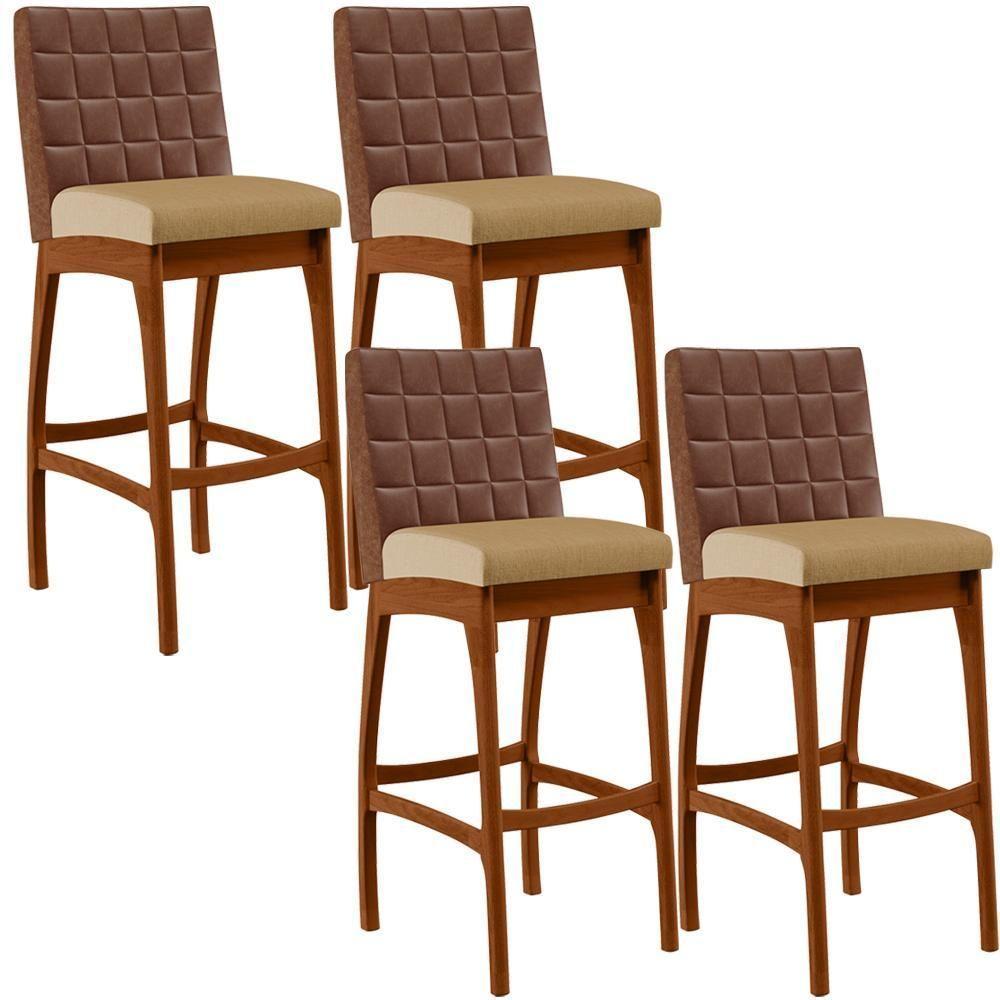 Kit 04 Banquetas Altas Mila Marrom Linho Bege Escuro - 1