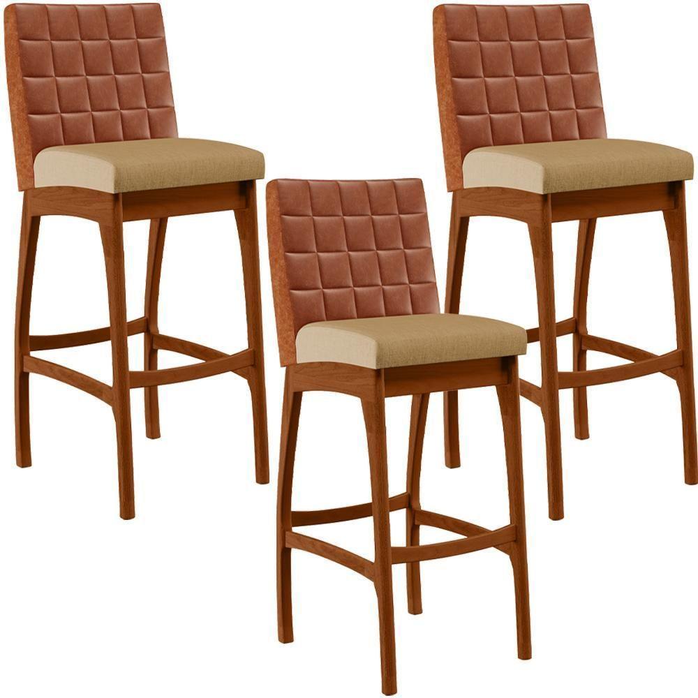 Kit 03 Banquetas Altas Mila Camel Linho Bege Escuro - 1