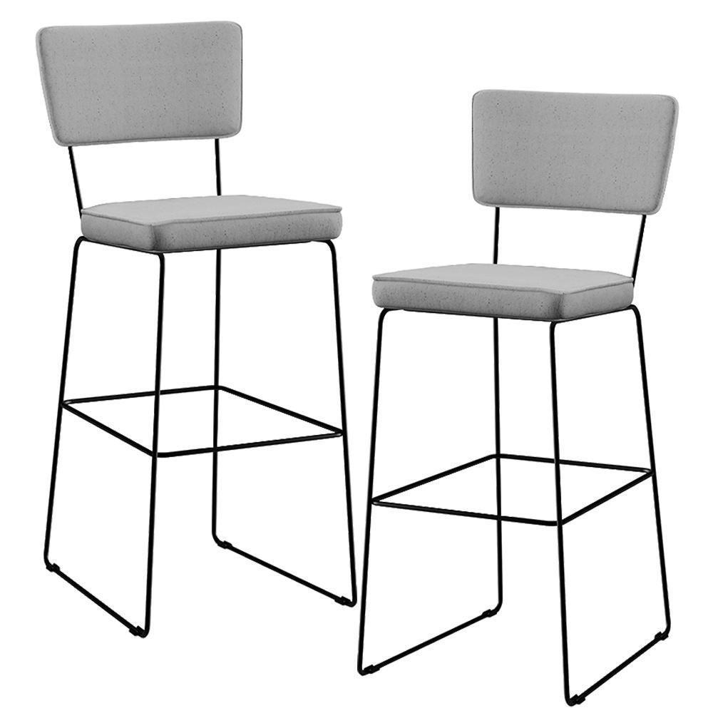 Kit 02 Banquetas Alta Base Aço Fixa Linho Cinza - 1