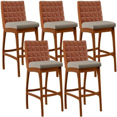 Kit 05 Banquetas Altas Mila B04 Assento em Linho Base Fixa com Encosto Camel Bege Cozinha