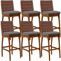 Kit 06 Banquetas Altas Mila Marrom Linho Cinza Escuro - 1