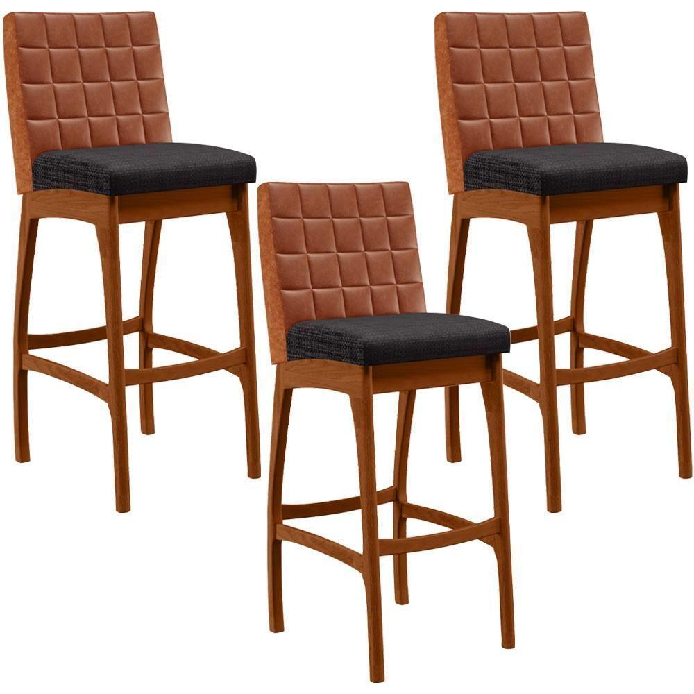 Kit 03 Banquetas Altas Cozinha Mila B04 Camel Linho Chumbo - 1