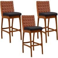 Kit 03 Banquetas Altas Cozinha Mila B04 Camel Linho Chumbo - 1