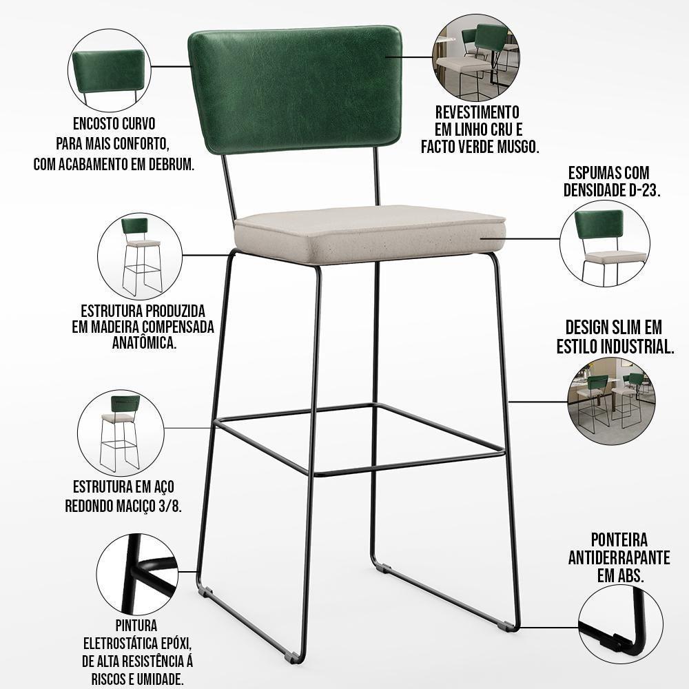 Kit 04 Banquetas Altas Facto Verde Musgo Linho Cru - 7