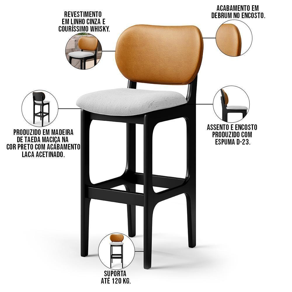 Kit 2 Banquetas Alta Betta Preto Whisky Linho Cinza - 6