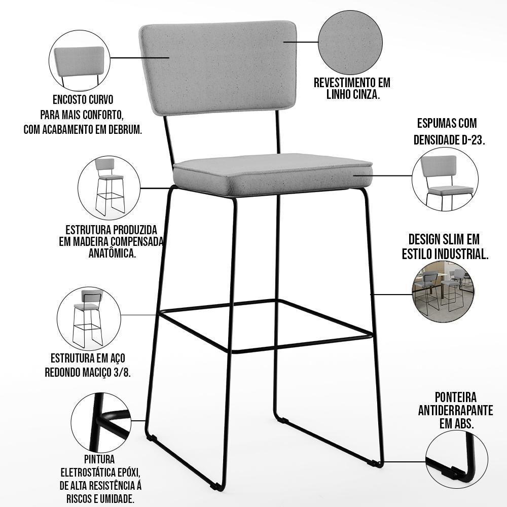 Kit 04 Banquetas Alta Base Aço Fixa Linho Cinza - 7