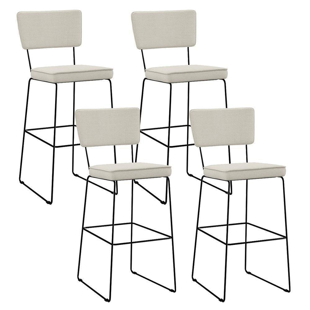 Kit 04 Banquetas Alta Base Aço Fixa Linho Champagne - 1