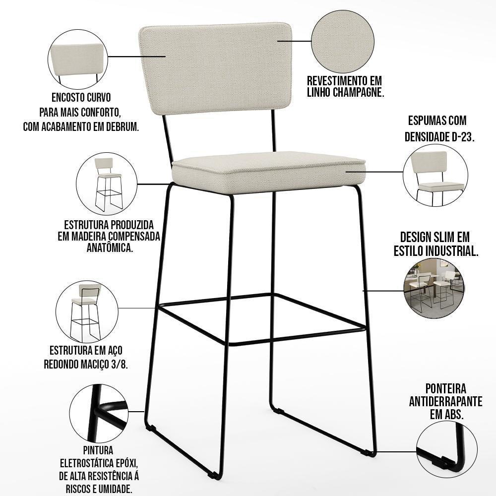 Kit 04 Banquetas Alta Base Aço Fixa Linho Champagne - 7
